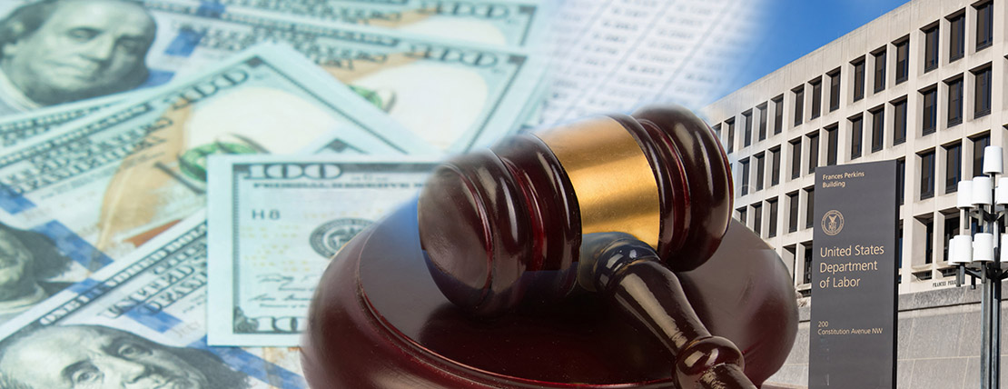 law concept or auction concept. dollar bills , judge's gavel on white background. closeup of a gavel on cash, from above.